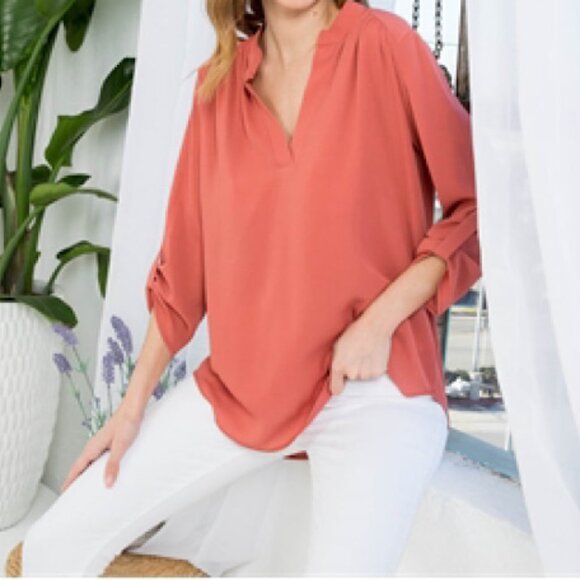 NEW Light Orange Quarter Tab Sleeve Solid Woven V Neck Blouse - Picture 6 of 9